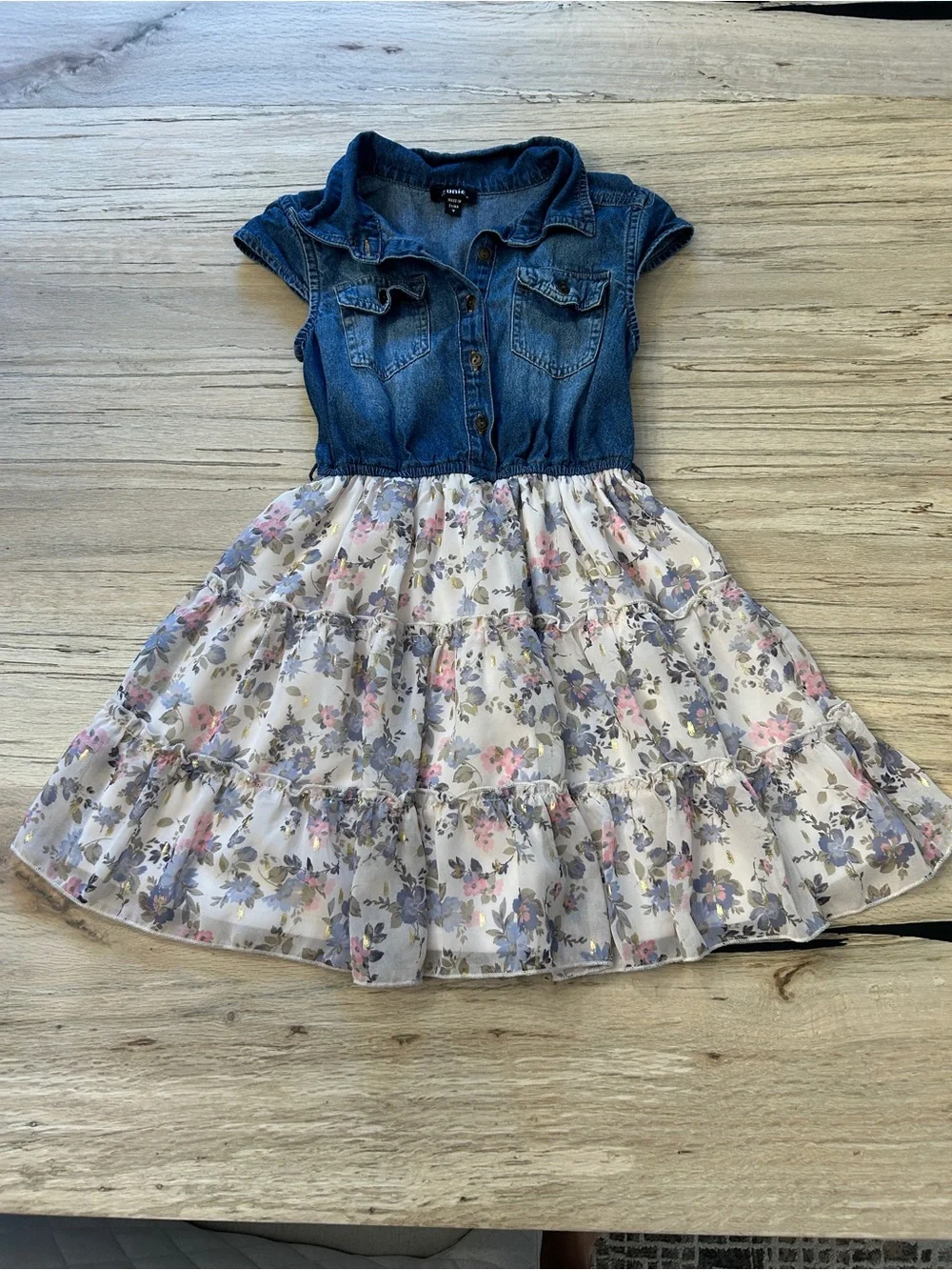 Zunie Blue Denim Top with White Floral Tiered Skirt Dress